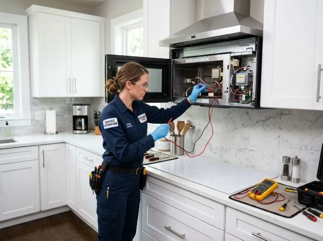 Appliance Repair Hero technician testing an over-the-range microwave in a Alamance, NC kitchen